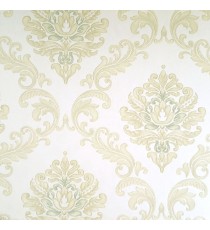 White color background texture finished with blue and cream color beautiful traditional big damask designs embossed pattern swirls pattern wallpaper