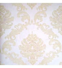 White color background texture finished with golden cream color beautiful traditional big damask designs embossed pattern swirls pattern wallpaper