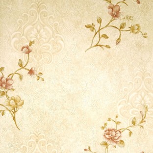 Brown color traditional texture finished damask designs with purple brown golden green beautiful natural look flower and ling branch leaves pattern wallpaper