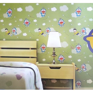 Green red black yellow white color kids designs flying Doraemon and nobi nobita paper plane flowing trendy lines clouds home décor wallpaper
