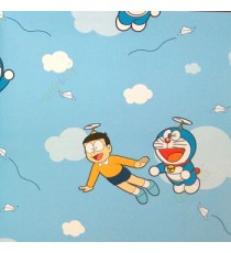 Blue red white yellow color kids designs flying Doraemon and nobi nobita paper plane flowing trendy lines clouds home décor wallpaper