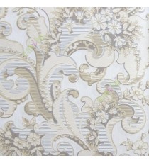 Grey white blue brown gold color traditional embossed carved patterns flower leaf traditional designs floral seeds swirl horizontal stripes texture home décor wallpaper