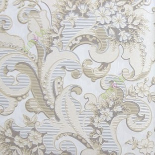Grey white blue brown gold color traditional embossed carved patterns flower leaf traditional designs floral seeds swirl horizontal stripes texture home décor wallpaper