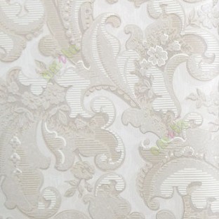 White grey beige color traditional embossed carved patterns flower leaf traditional designs floral seeds swirl horizontal stripes texture home décor wallpaper