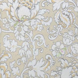 Yellow grey cream color traditional damask flower buddy pattern floral designs big leaf small flower buds grant look home décor wallpaper