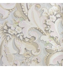 Grey cream purple color traditional embossed carved patterns flower leaf traditional designs floral seeds swirl horizontal stripes texture home décor wallpaper