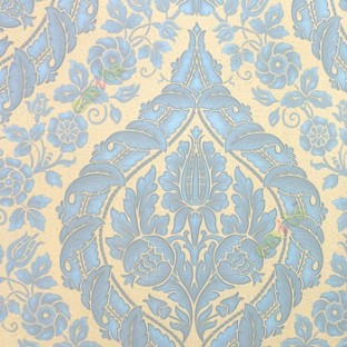 Blue gold color beautiful big damask traditional design elegant flower leaf swirls flower buds embossed finished carved texture wallpaper